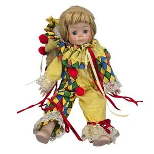 Vintage Porcelain Clown Doll Blonde Jester Harlequin Gingham Yellow Red 16 Inch